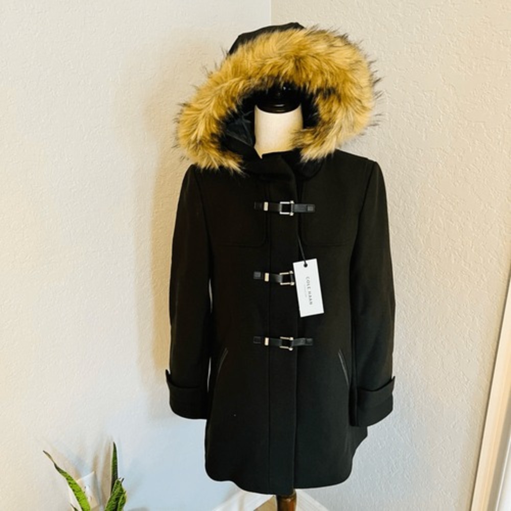 Cole Haan Wool Blend Faux Fur Trim Hooded Coat, Brown, Size 4, NWT